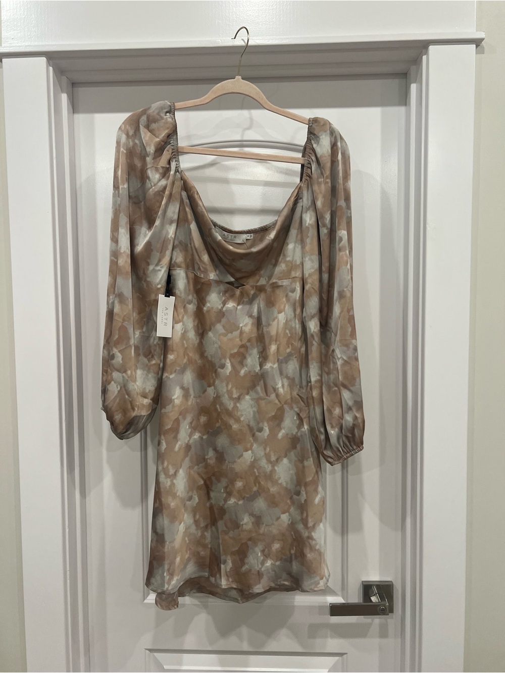 Astr Neutral Watercolor Satin Cowl-Neck Mini Dress